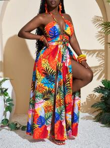 Slaydiva 女士树叶印花休闲连衣裙，适合度假 - 彩色 - 查看 1