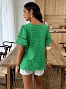 SHEIN LUNE Áo sơ mi nữ trơn màu thường ngày, tối giản và thời trang để mặc hàng ngày - màu xanh lá - Xem 2