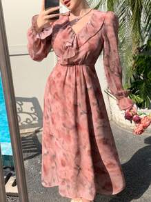 DAZY New Arrival Summer Sundress Women Elegant Allover Print Waisted Dress, Ruffle Floral Dress - Pink - View 4