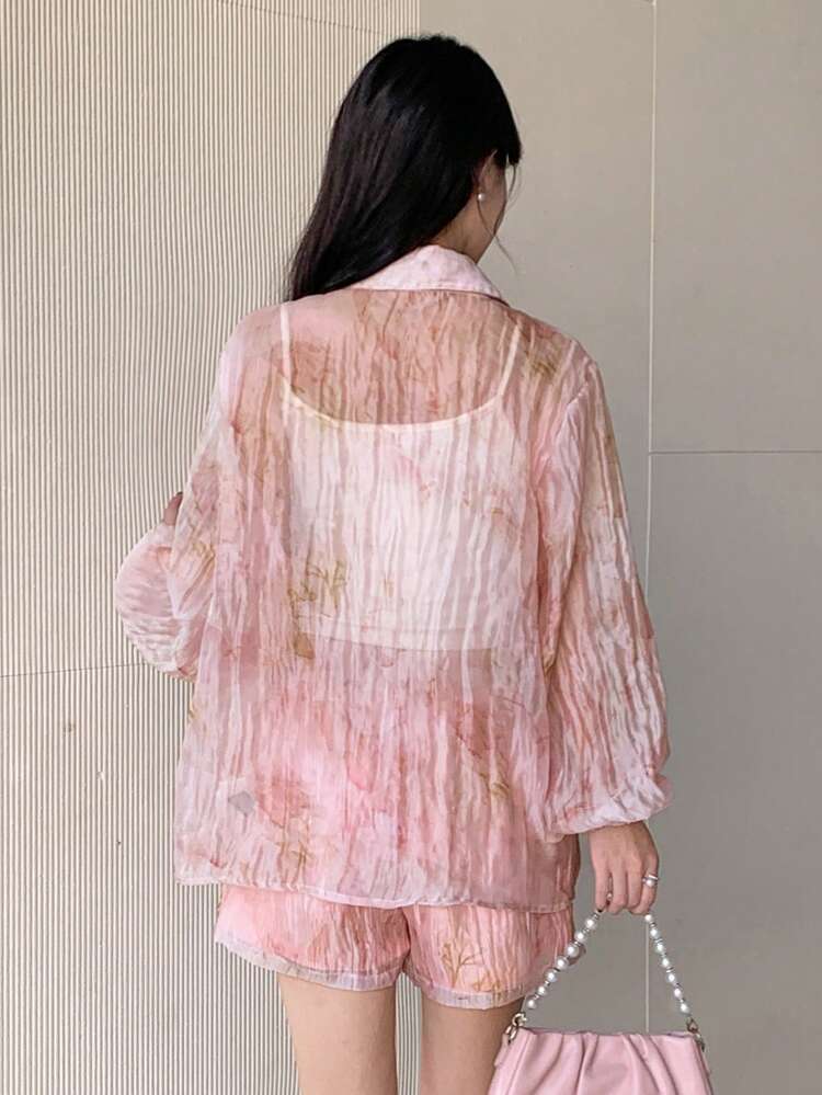 2pcs Women Summer New Arrival Spring Style Floral Print Blouse & Shorts Set For Dating,Fall Women Clothes