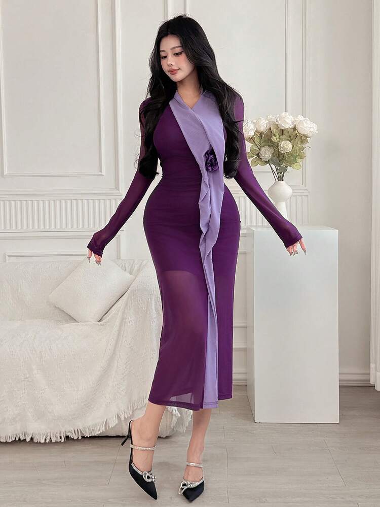 Spring New Rose 3D Floral Waist Sundress, Color Block Waist Fit Women Dress, Fall Dress Long Sleeve Dress