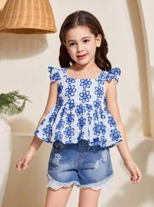 SHEIN Leap Crew 年轻女孩雪纺碎花甜心领荷叶边休闲衬衫 - 藍白色 - 查看 5