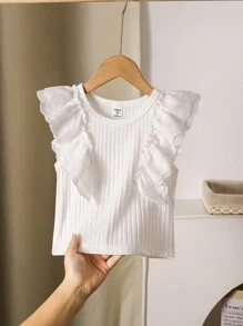 Young Girl' Ruffled Collar Textured Fabric T-Shirt - White - View 1