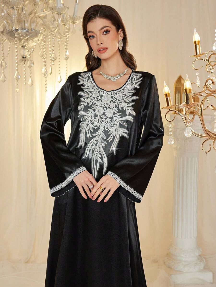 Al Najma Embroidered Jacquard Bead Collar Turkish & Arabic Style Maxi Dress For Women, Kaftan & Jalabiya - Black - View 1