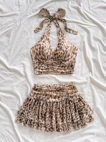 Soleia Áo vest hở lưng cổ chữ V in họa tiết da báo cổ điển dành cho nữ kèm chân váy xếp ly 2 món mặc đi nghỉ thường ngày - Nhiều màu - Xem 6