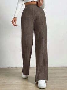 SHEIN EZwear 百搭纯色高腰直筒休闲裤 - 摩卡棕 - 查看 5