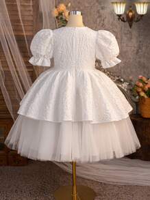 SHEIN Tween Girl Elegant V-Neck Jacquard Textured V-Neck Puff Sleeve Ruffle Hem Mesh Panel Dress In White, Suitable For Party, Gathering, Wedding, Flower Girl - White - View 9