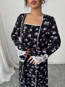 Yasmyna 女式编织花卉印花长袖荷叶边蝴蝶结阿巴亚连衣裙，端庄 - 黑色 - 查看 4