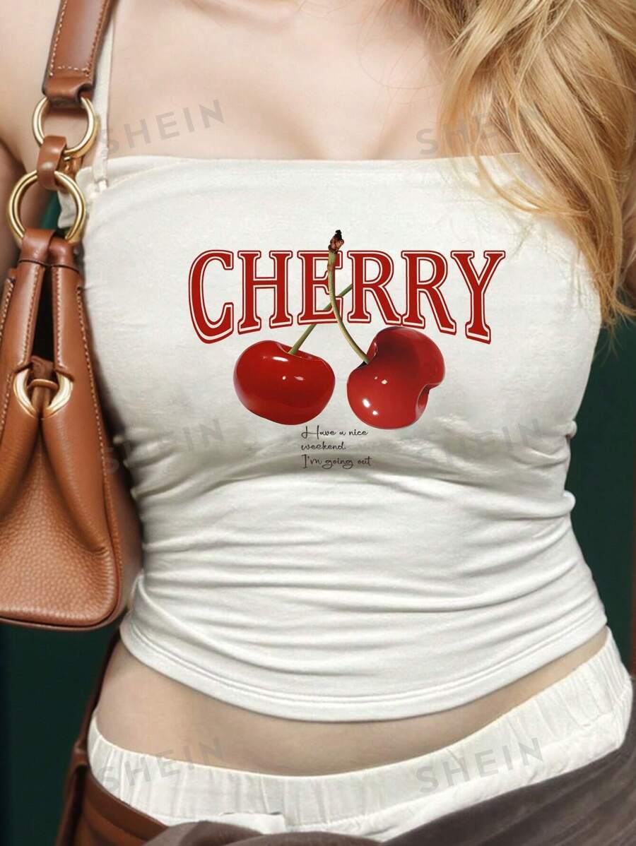 SHEIN EZwear Top tipo camiseta casual de tirantes con estampado de cerezas, blusa ajustada para mujer, adecuada para el verano