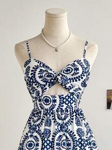 Soleia Rochie midi de damă cu decolteu în V, cu linie A, cu imprimeu retro, potrivită pentru vacanță, întâlniri, Ziua Îndrăgostiților, ceaiul de după-amiază