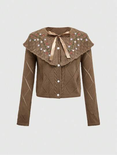 Fairycore كارديجان محبوك بتطريز زهري وربطة عقدة الفراشة للأحجام الكبيرة في الخريف