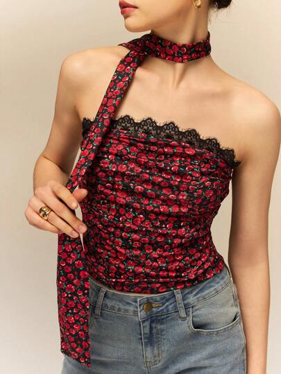 Poéselle Ditsy Floral Tube Top,Romantic Ditsy Floral Strapless Top, Detachable Scarf For A Versatile Look,Ditsy Floral Crop Women Tops,Rose Women Corset Tops,Summer Tops,Summer Women,Women's Vacation Casual Ditsy Floral Lace Trim Bandeau Top,Sweet And Elegant, Ditsy Floral Top With Scarf To Show Women, Easy To Wear French Romantic Style
