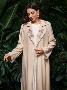 Al Najma Thêu cổ áo Mandarin Abaya thanh lịch và sang trọng - Màu be - Xem 3