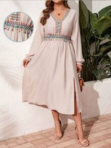 SHEIN LUNE Plus Size Long Sleeve Casual Retro Printed Waist Tassel Dress Sundress Linen Fabric - Beige - View 1