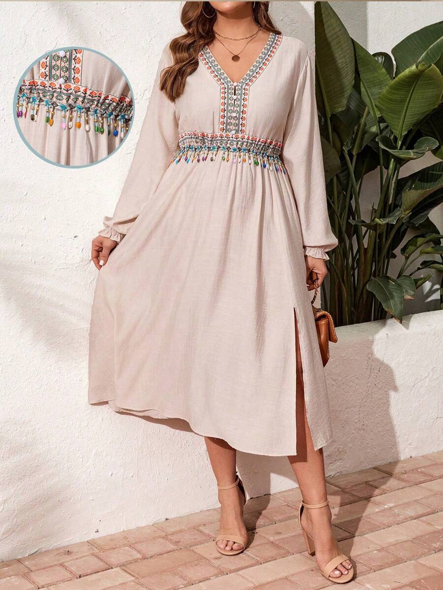 SHEIN LUNE Plus Size Long Sleeve Casual Retro Printed Waist Tassel Dress Sundress Linen Fabric - Beige - View 1