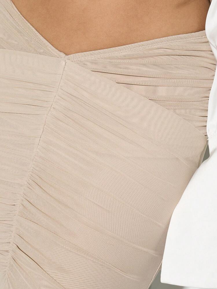 KIZN Ruched Draped Double Mesh Maxi Skirt With Fitted Silhouette