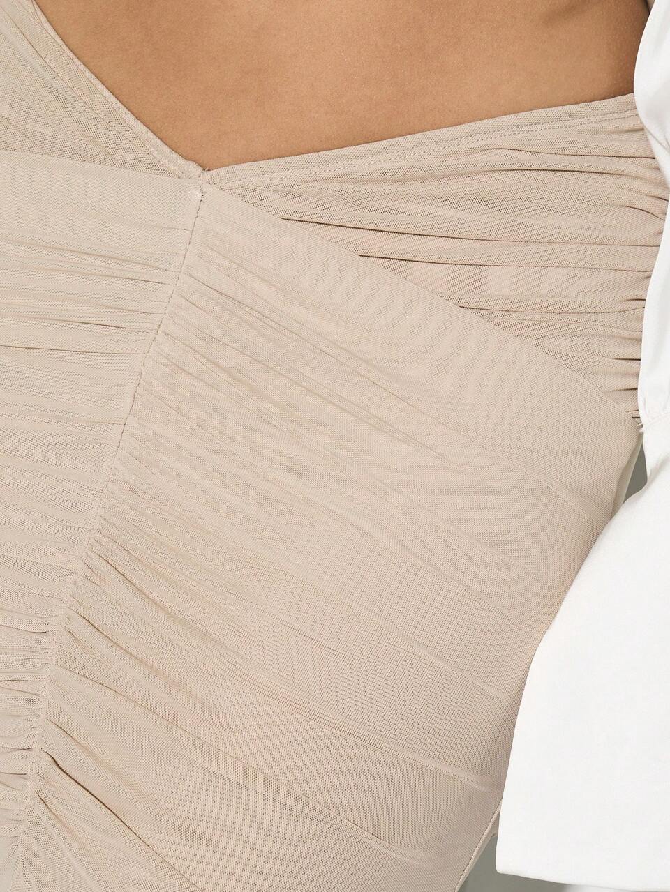 KIZN Ruched Draped Double Mesh Maxi Skirt With Fitted Silhouette