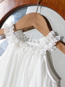 Baby Mädchen 0-3 Jahre Kleinkind elegantes Urlaubskleid, minimalistisch plissiert mit Rüschen-Träger, weiß, für Hochzeiten, Taufen, Alltagsausflüge, Frühling/Sommer - Weiss - Übersicht 5