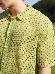 Manfinity CasualKnits Men's Green Color Crochet Short Sleeve Hollow Out Loose Top, Casual And Fashionable For Daily Wear, Suitable For Summer - Multicolor - View 3