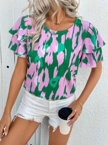 EMERY ROSE Blusa con mangas con volantes y estampado de mariposas para vacaciones de primavera/verano de mujer - Multicolor - Ver 5