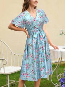 SHEIN Clasi Romantic Ditsy Floral Tie Waist Midi Dress,Sun Dress - Baby Blue - View 5
