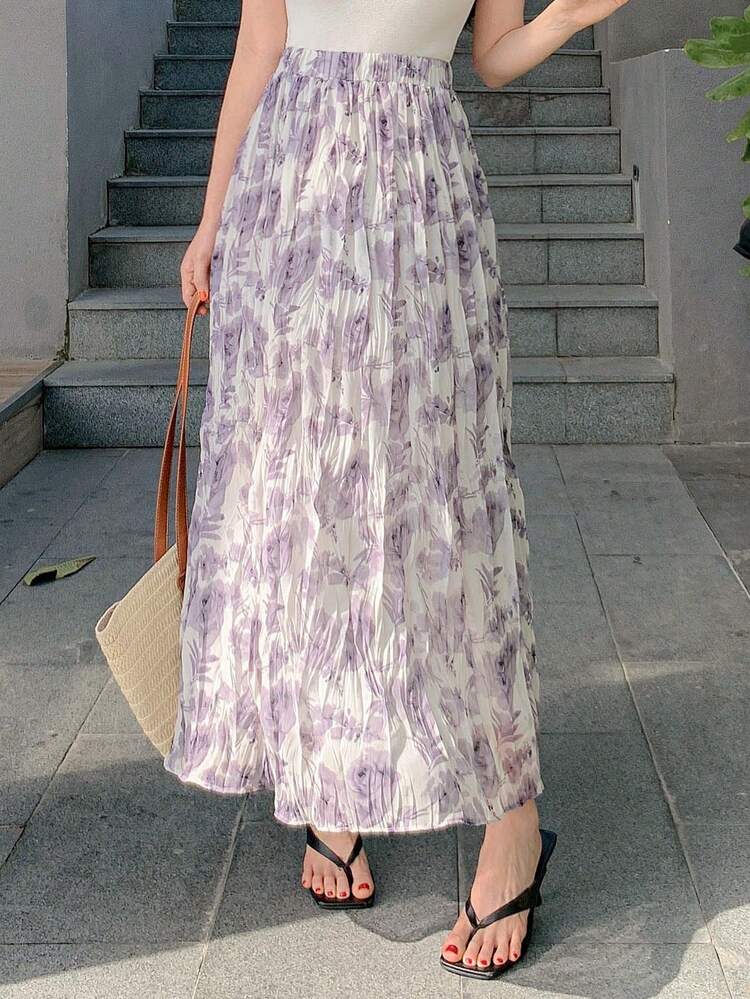 Summer New Bohemian Floral Printed Crinkled Elastic Waist Straight Skirt For Women