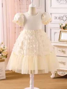 Young Girl Ruffled A-Line Jacquard Puff Sleeve Princess Dress - Apricot - View 7