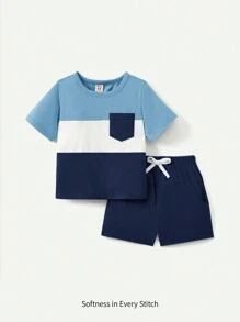 Cozy Pixies 2件套男婴撞色圆领T恤和短裤运动服 - 藍白色 - 查看 3