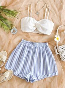 Soleia Set de 2 piezas para mujer: Top de tirantes con giro en la parte delantera y pantalones cortos a rayas de talle alto, adecuado para festival de música, estilo bohemio, vacaciones, citas, tarde de té. - Azul y blanco - Ver 5