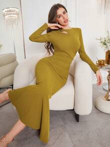 Modelyn Vestido elegante y sexy con dobladillo de cola de pez arrugado y asimétrico con detalles calados para mujeres