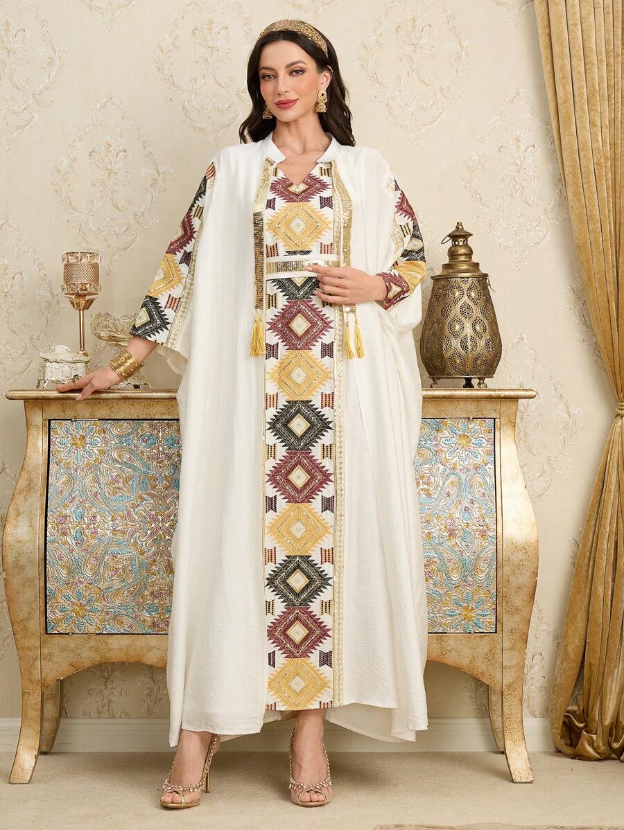 Al Najma 2 件套：亮片刺绣肩袖夹克和亮片刺绣吊带裙，阿拉伯风格，春夏季，端庄 - 彩色 - 查看 1