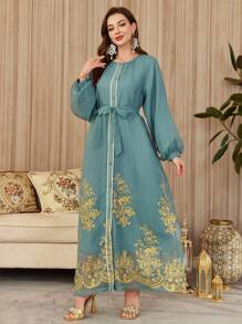 Al Najma Loose Elegant Long Cardigan With Exquisite Embroidery Pattern, Front Opening, Golden Lace Trim, Lined, Comfortable Oversized Fashionable Long Sweater, Kaftan & Jalabiya - Blue - View 3