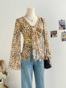 Soleia Damen-Urlaubs-Oberteil im Vintage-Stil mit Leopardenmuster, Netzstoff, ausgestellten Ärmeln, V-Ausschnitt, Bindeband vorne, langärmliges Oberteil, Partykleidung - Verschiedenfarbig - Übersicht 4