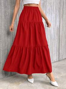 SHEIN Privé Women's Vacation Solid Color Elastic Waist Ruffle Hem Casual Red Midi Skirt