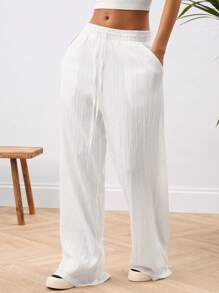 Manfinity BRENVOR Unisex Casual Pleated High Waist Drawstring Straight Leg Pants, Solid Color, Suitable For Daily Wear - White - View 1
