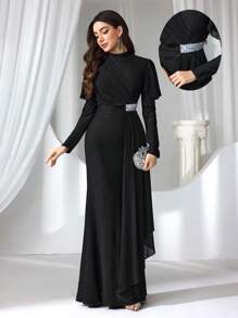 Coutiva Formal Evening Gown For Women, Fashionable High-Necked Spring And Summer Different-Material Splicing Waist Slimming Black Dress, Suitable For Parties, Wedding Guests, Opening Ceremonies, And Coming-Of-Age Ceremonies. The Waist Sequin Splicing Design Makes You Look Slimmer Visually. The Chiffon Fabric Splicing Design On The Upper Body Is Fashionable, Unique And Elegant, Party Dress