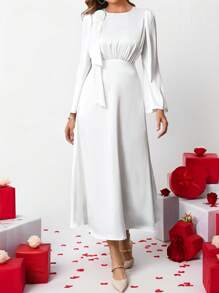 SHEIN Clasi 情人节，优雅女士白色长袖丝缎立体花卉褶皱收腰鱼尾下摆A字裙秋冬季适合各种场合 - 白色 - 查看 1