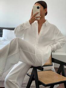 Livesso 新款宽松休闲长袖上衣，夏季女士加大码套装商务装 - 米色 - 查看 4