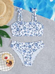 SHEIN Tween Girl Retro Blue & White Floral Print Bikini Set, Cute Bow Splice Beach Swimwear, Suitable For Summer Beach Holiday Swimming