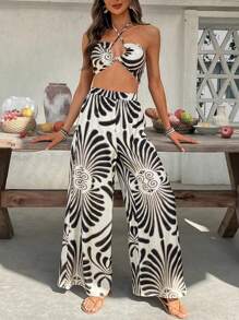 Coeurva 2 件套 - 女式无袖印花吊带上衣和高腰阔腿裤 - 黑與白 - 查看 8