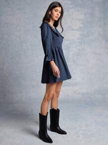 WESTFADE Spring Gingham Check Ruffle Peter Pan Collar Three-Quarter Puff Sleeve Bow Tie Back Mini Dress - Blue - View 4