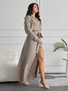 EURMUSE Plus Sıze Fancy Pocket And Belt Detaıl Long Dress - Beige - View 5