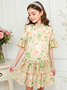 SHEIN Vestido de Bruxa de Chifom com Estampa Floral Pequena Elegante, Verão
