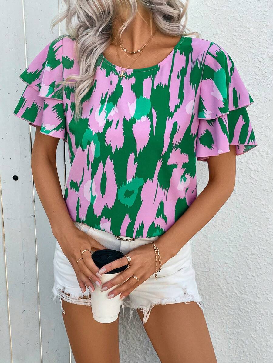 EMERY ROSE Blusa con mangas con volantes y estampado de mariposas para vacaciones de primavera/verano de mujer - Multicolor - Ver 1