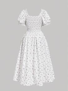 SHEIN MOD Plus Size Women Purple Floral Vacation Elegant Puff Sleeve Dress, Milkmaid Style,Corset Dress