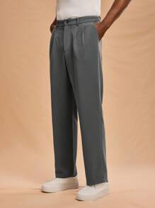 Forever 21 Men Casual Plain Color Pleated Straight Leg Pants