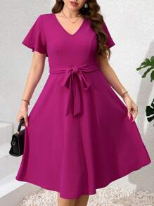 SHEIN Clasi Plus Size Elegant Ruffle Sleeve Romantic Dress, Summer, Elegant Dress, Women's Summer Dress, Women's Birthday Dress, Women's Wedding Guest Dress, Women's Cocktail Dress, Women's Concert Dress - Purple - View 2