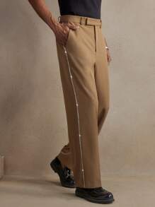 Men's Khaki Woven Long Middle Waist Straight Leg Casual Pants With Beaded Rhinestones, Suitable For Everyday Wear, Spring/Summer, Vacation, Wedding, Party, Graduation Gift