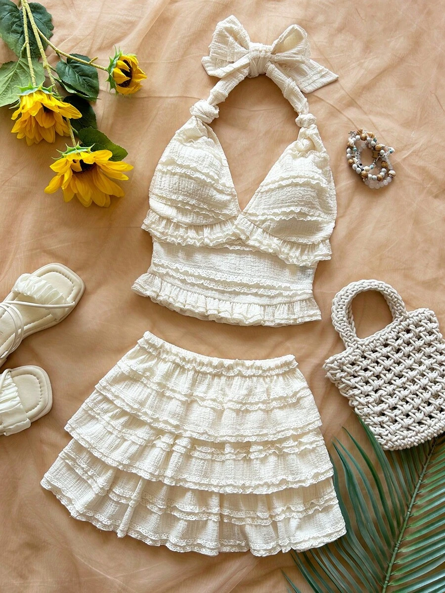 Soleia 花卉纹理打结挂脖迷你裙套装 - 白色 - 查看 1