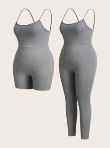 SHEIN Essnce Plus Size Women's Summer New Free People Women Back To School Clothes Workout Women Sets Teacher Clothes Outfit Biker Shorts Women Rompers Leggings Fashion Casual Sports 2 Pieces Bodycon Jumpsuit - Light Grey - View 1